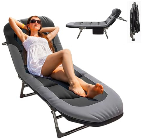 Ogimeka Lettino da campeggio pieghevole, pieghevole con materasso e tasca laterale, regolabile in 5 posizioni, letto pieghevole per campeggio, viaggi, spiaggia, giardino, esterni e interni (nero)