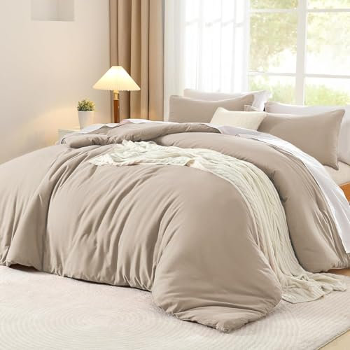 Luofanfei Baumwolle Bettwäsche 135x200 Beige Khaki Taupe Einfarbig Muster Renforce Baumwollbettwäsche Premium Uni Modern Weiche Bettbezug 135x200 und Kissenbezug 80x80 cm mit Reißverschluss