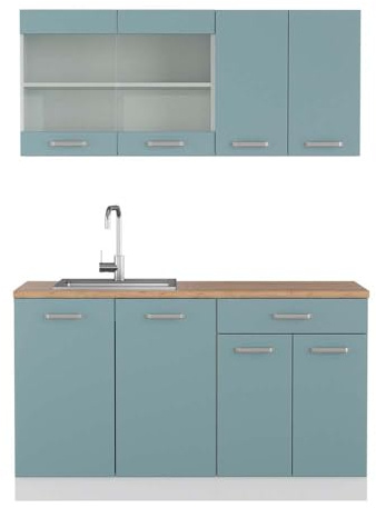 Vicco Küchenzeile R-Line, Blau-Grau, 140 cm | 4 Module · Höhenverstellbare Füße · AP Eiche inkl. · Robuste Fronten · Mit Glasschrank · Frei kombinierbar