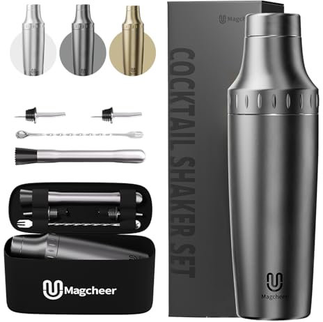 Magcheer Insulated Cocktail Shaker 900ml with Built-in Jigger | Premium Cocktail Making Kit | Antifreeze Double-Layer Barkeeper Set with Travel Storage Bag for Beginners and Bartenders(Grey)