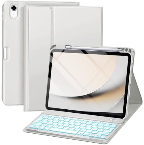 drivego Hülle mit Tastatur für iPad A16 11. 2025/10. 2022 (11/10.9 Zoll) | 7-farbige Beleuchtung Magnetische Abnehmbare Tastatur für iPad 11/10 Generation Hülle mit Stifthalter, HellGary