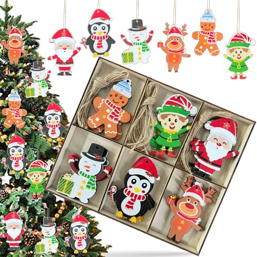 FZYESNO Holzanhänger Weihnachten Set, 24 Weihnachtsdeko Holz, Bunt Weihnachtsbaumschmuck, Boxed Geschenkanhänger Weihnachten, Weihnachtsanhänger mit Seil, Weihnachtsbaum Schmück