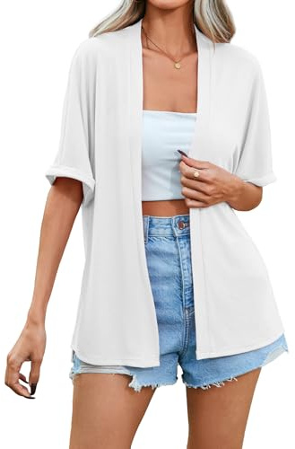 Famulily Women's Open Front Waterfall Cardigans with Split Hem, Lightweight Short Sleeve Summer Coverups (XXL, White)