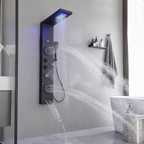 BATHLAVISH Shower Panel Waterfall Tower System with LED, 6-Function Shower Tower Rain Massage System with Powerful Body Massage Jets, Matte Black Shower Column Panel