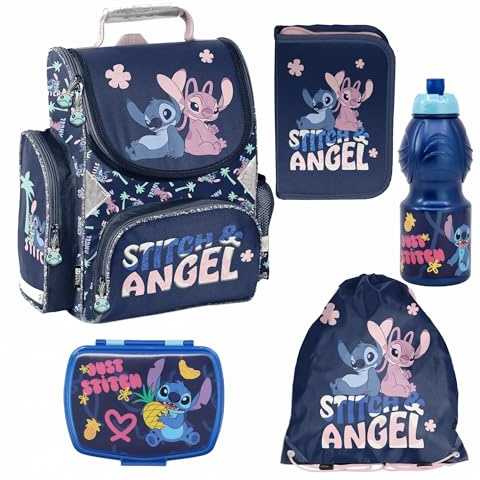 PASO - Schulranzen für Jungen und Mädchen, 5er-Set - Schul-Rucksack für Kinder mit Federmäppchen - Schuhbeutel Brotdose und Trinkflasche - Stitch Motiv - 1-3 Klasse