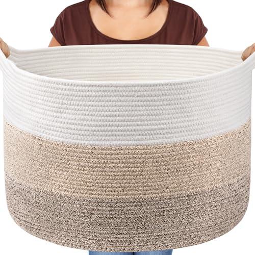 Maliton Toy Basket, Large Blanket Basket 55x35cm, Woven Foldable Laundry Hamper with Sturdy Handles, 68L Storage Bin for Toys, Clothes, Bedding, Baby Room & Living Room – BrownGrey