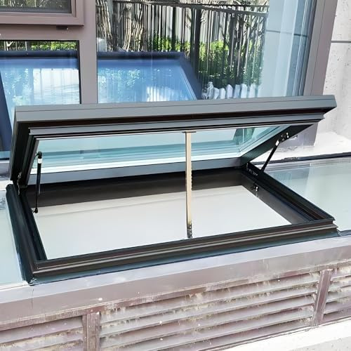 Claraboyas y ventanas de techo, claraboya de techo personalizada con elevación por gas, trampilla de techo de vidrio templado, control remoto y sensor de lluvia, claraboya para solárium y sótano(Black