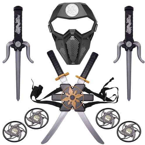 Sepco Ninja Toy Weapons Set with Backpack Case Swords Katana Throwing Discs Mask for Kids Role Play Costume Accessories