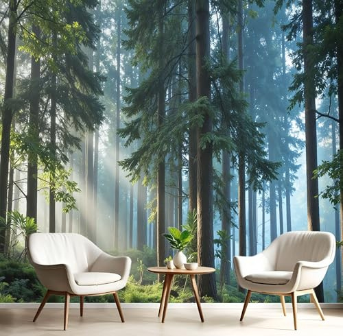 JEDTAKCT Panoramic Spring Pine Forest Wallpaper Mural, 250X175Cm Wall Poster Plant Landscape Photo Wallpaper 3D Effect, Emerald Green Wallpapers Mural Decoration for Bedroom Living Room Corridor