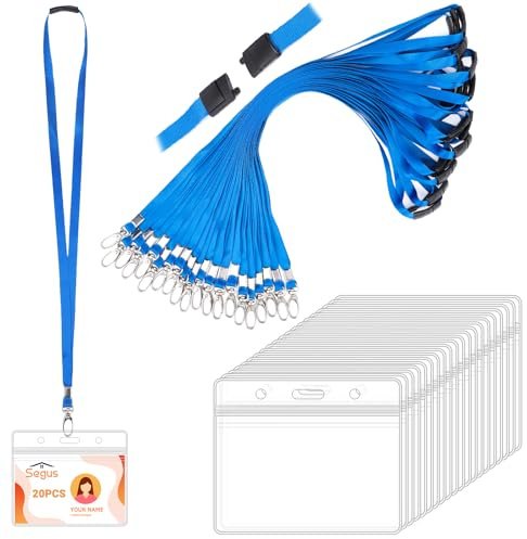 Segus Cinta Cuello Llaves, 20 Piezas Portatarjetas Colgante con Lanyard, Cuelga Llaves Cuello con Cierre de Seguridad, para Profesor, Estudiantes, Médico (Azul, Horizontal)