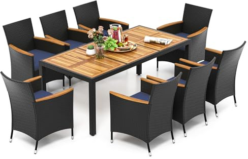 COSTWAY 5/9 Piece Patio Rattan Dining Set, Wicker Garden Table and Chairs Set with Umbrella Hole, Acacia Wood Tabletop & Cushions, Outdoor Dining Furniture Conservatory Set (Brown+Navy Blue, 9 PCS)