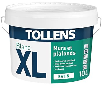 Tollens Peinture Professionnelle Blanche Satin - Spécial Pièces Humides XL Satin - Pour Murs, Plafonds - 10L = 120m2