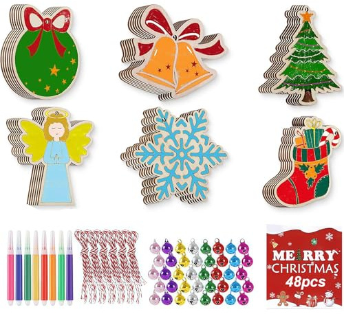 Moorlan 48 Pcs Wooden Christmas Decorations Craft Kit ， Paint Your Own Xmas Tree Ornaments with Pens, Bells & 10m Red White String ， DIY Arts & Crafts Set for Kids & Adults