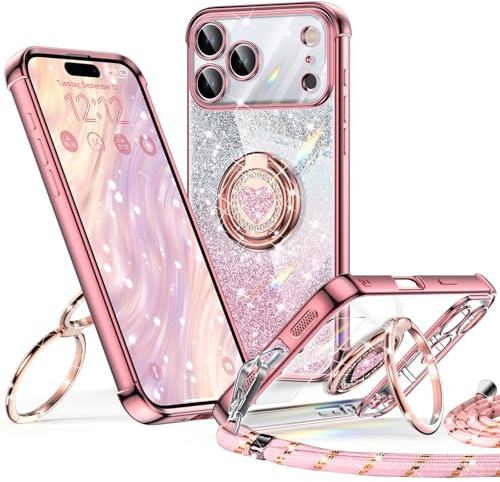 XYZ for iPhone 17 Pro Max Case with Stand, Rose Gold | Cute Luxury Heart Double Ring Holder, Glitter Clear Protective Phone Case with Lanyard for Women Girls