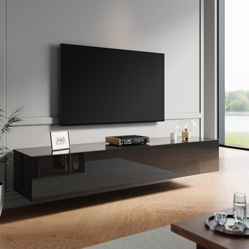 ZANOFIRA Floating TV Stand Cabinet with Pull-Down Door, High Gloss Black TV Stand with Large Storage Shelves, Modern Wall-Mounted Unit for Living Room & Bedroom 1800x400x300mm