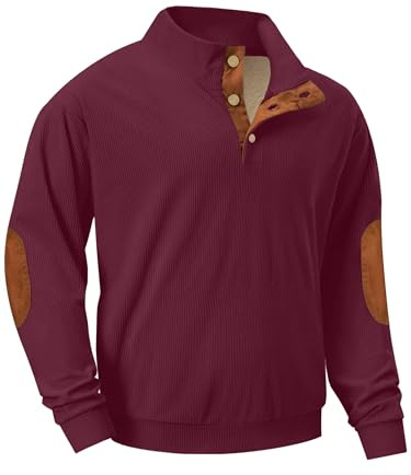 QIXING Sudadera de pana para hombre, cuello de botón de 1/4, forro polar, parches térmicos en los codos, suéter pesado, J03 Borgoña, 3XL