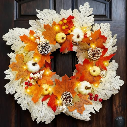 Corona de otoño de Halloween, corona de otoño para puerta delantera, coronas de puerta de calabaza, hojas de arce otoñales, corona de decoración de Halloween con luces, decoración de cosecha de Acción