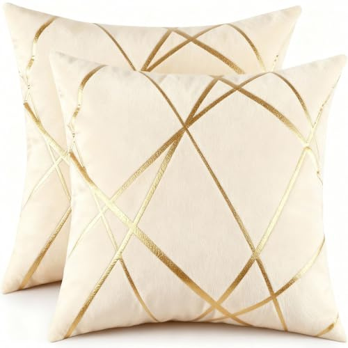 Miuyunya 2er Set Samt Kissenbezug Gold Line Art 40x40 Deko Kissen Wohnzimmer Modern Kissenhülle Beige Sofakissen Kissenbezüge Dekorative Zierkissenbezüge Square für Sofa Schlafzimmer Couch
