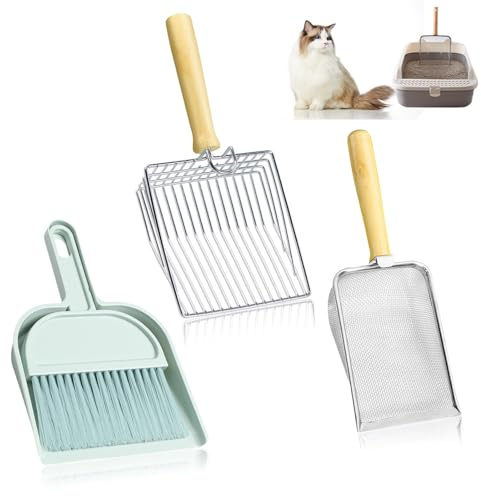 JSUOEO 3 Stück Katzenstreuschaufel Set, Katzenklo Schaufel Metall mit Fein Katzenschaufel und Reinigungsbesen Kit Rutschfester Griff Katzenkloschaufel für Katzenstreu Reinigung