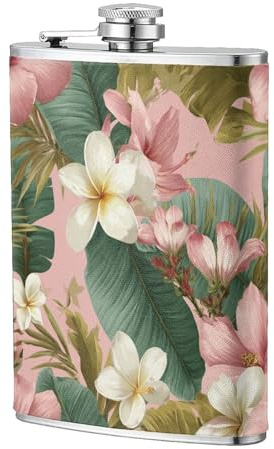 Fiaschetta tascabile con fiori rosa e bianchi e foglie di banano, 230 ml, in acciaio inox, per papà, testimone dello sposo, matrimonio, viaggi, campeggio