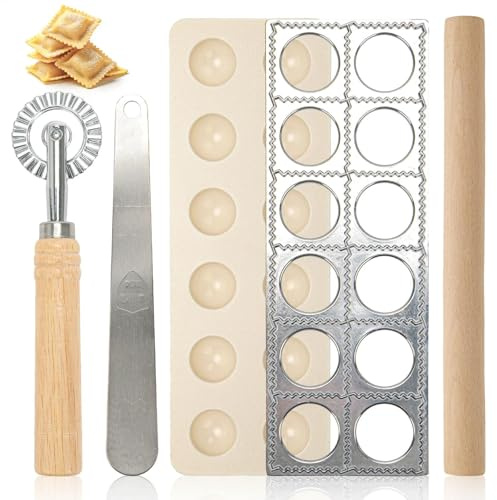 Máquina de Ravioli de Aluminio de 12 Agujeros Redonda con Rodillo y Bolsa de Masa, Espátula de Carne, Tabla de Ravioli para Ravioles y Dumplings