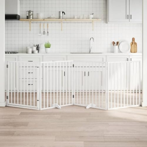Griglia per cani con porta pieghevole 4 pannelli bianco 320 cm in legno di pioppo, robusta griglia di sicurezza con piedini e serratura, resistente griglia per animali domestici per soggiorno cucina