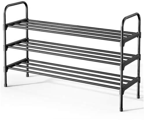 Kitsure Space-Saving Shoe Rack, 71.1cm-3 Tiers, Black | Shoe Storage & Shoe Shelf with Handle, Easy Assembly, Sturdy Metal Shoe Rack for Closet, Entryway, Bedroom
