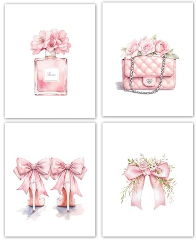 4er Set Poster Aesthetic, Rosa Leinwand Bilder mit Parfüm Taschen Schleifen Motiv, Aesthetic Bilder für Clean Girl Room Dekor, Aesthetic Room Decor für Schlafzimmer Wohnzimmer Büro, Ohne Rahmen