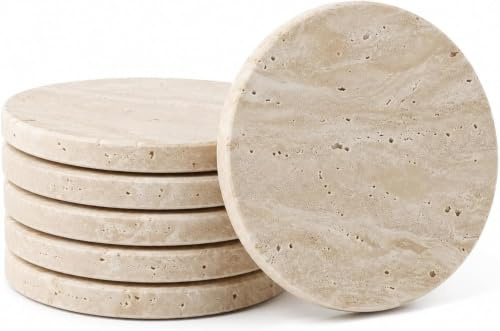 Kalu Creations | Eleganta runda travertinunderlägg – set med 6 underlägg av natursten – hantverk tillverkade i Italien – eleganta bordstillbehör