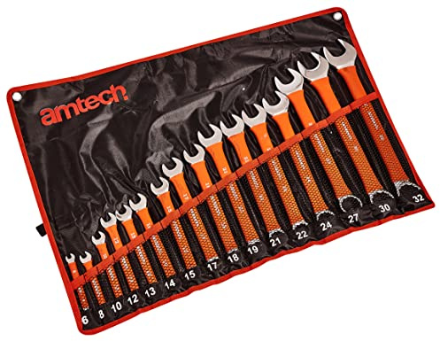 Amtech 16 pc Combination Cushion Grip Metric Spanner Set (6 32 mm), Chrome Vanadium Steel with Non-Slip Handles & Storage Wallet for DIY & Professional Use