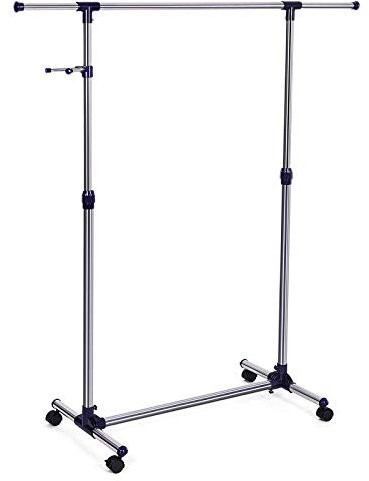 SONGMICS Clothes Rack with Castors, Garment Rack, Adjustable Height Between 97-165 cm, Clothes Rail with Extendable Bar, Side Hooks for Accessories and Bags, Silver and Blue LLR01L