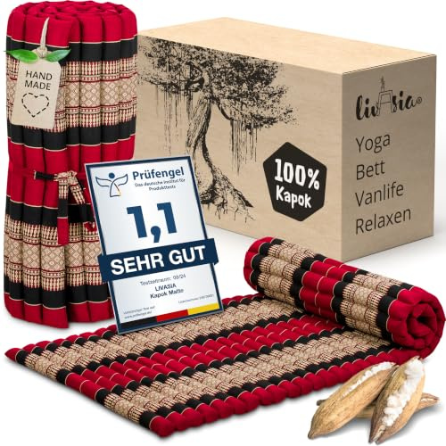 livasia Rollmatte Rollmatratze L-200x110x4,5cm, Gästebett Gästematratze 1 Person, Reisebett Kofferraum Outdoor, Thaimatte Kapok, Garten Balkon handgefertigt rubinrot