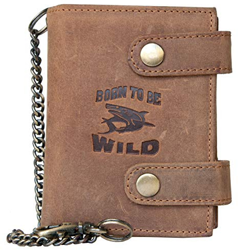 Born to be Wild Portefeuille Biker's, Brun, en Cuir véritable, avec chaîne en métal, avec Le Requin