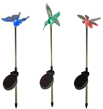 Lights4fun 3er Set Solar Stableuchten Gartendeko Libelle Kolibri Schmetterling Solarlampen Lichter für Draußen Outdoor Garten Balkon Wegleuchten Gartenleuchten Bunt