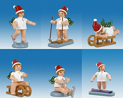 Rudolphs Schatzkiste Holzfigur Engelfiguren Winterengel 6-teilig und Mütze Höhe 6cm NEU Holzengel Instrument Seiffen Erzgebirge Figur Dekoration Holzfiguren Weihnachten Fensterschmuck Spielzeug Deko