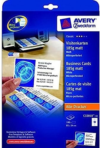 AVERY Zweckform C32010-10 Classic Visitenkarten, blanko (100 Stück, 185g, 85x54 mm, beidseitig bedruckbar, matt weiß, extra feine Mikroperforation, 10 Blatt) zum Selbstbedrucken auf allen Druckern