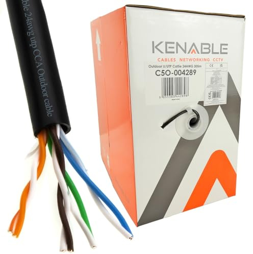 kenable External CAT5e Outdoor Ethernet Network Cable Reel Solid UTP CCA UV Resistant Waterproof 305m Black