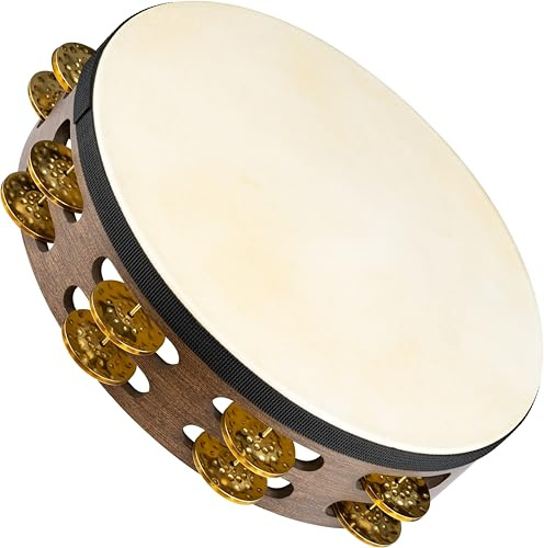 Meinl Percussion TAH2V-WB 10-Inch Vintage Wood Tambourine with Goat Skin Head and Hammered Brass Jingles, 2 Row