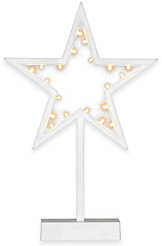 Nipach GmbH 20 LED Dekoleuchte Stern warmweiß Rahmen weiß Batterie Timer Höhe 38,5 cm Dekostern Weihnachtsdeko Weihnachtsstern mit Sockel IP20 Xmas