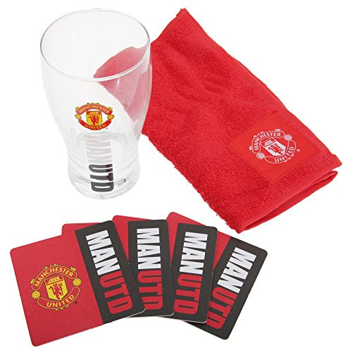Manchester United FC Official Wordmark Mini Football Bar Set (Pint Glass, Towel & Beer Mats)
