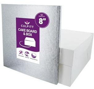 Culpitt 8 Square Silver Cake Drum Board & White Cake Box Combo, 8 Inch Box and Matching Board Set For Cake Transport