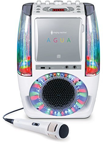 Singing Machine SML605W Agua Impianto per Karaoke con Bluetooth, Fontana d'Acqua in Movimento, Sistema di Luci da Discoteca a LED, Microfono Cablato e 3 CD, Bianco