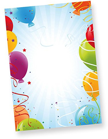TATMOTIVE Briefpapier Geburtstag Luftballons, 50 Blatt DIN A4 | Beidseitig buntes Motivpapier, hochwertige 90g/qm Qualität mit Falzmarke, perfekt für Einladungen