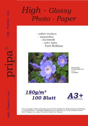 pripa 100 Blatt A 3 + 480 x 330 mm , 180g , high-glossy hoch-glänzend - sofort trocken - wasserfest - hochweiß - sehr hohe Farbbrillianz , fuer InkJet Drucker Tintenstrahldrucker
