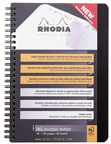 Rhodia 119970C Addressbuch (mit Doppelspiralbindung, DIN A5, 14,8 x 21 cm, Register bedruckt, 90 g, 80 Blatt) 1 Stück schwarz
