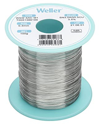 Weller WSW sac M1 (T0051388199) Filo Saldante, Ø 0.3mm, 100g, Lega Sn96.5Ag3.0Cu0.5, Contenuto di Fondente 3,5%, Argento