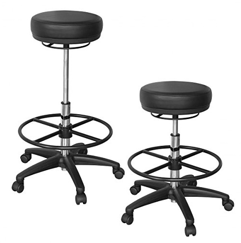 FineBuy Taburete de Trabajo con Ruedas de Cuero sintético Negro | Taburete Diseño sin Respaldo | Taburete tapizado Redondo Ajustable en Altura
