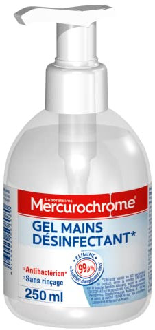 MERCUROCHROME - Gel Mains Désinfectant Hydroalcoolique - Antibactérien - Sans rinçage - Ne colle pas - Sèche Rapidement - Flacon pompe - Format Familial 250 mL - Fabriqué en France
