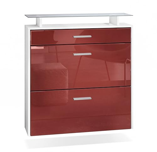 Vladon Schuhschrank Malea, hängender Schuhkipper für 16 Paar Schuhe mit 2 Klappen und 1 Schublade und Glasablage, Weiß matt/Bordeaux Hochglanz (89 x 96 x 23 cm)