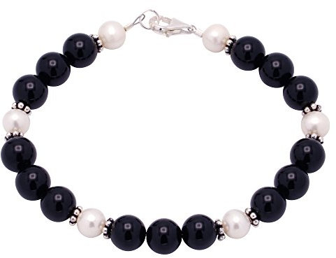 Armband aus Onyx & Perlen & 925er Silber schwarz weiß Armschmuck Damen